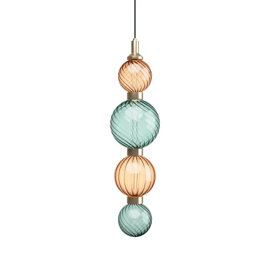 Exceptional Sicis Drop suspension lamp, a fixture with hand-blown glass spheres and satin metal frames in aqua and amber tones