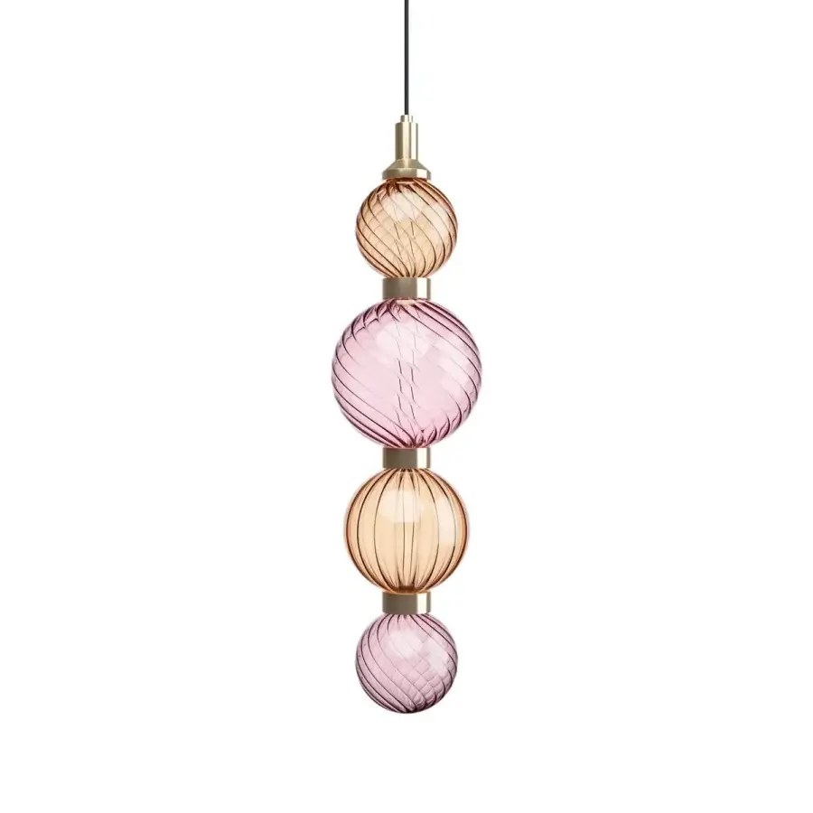 Lavish Sicis Drop suspension lamp, a fixture crafted with hand-blown Pyrex glass in amber and lavender with a satin metal frame