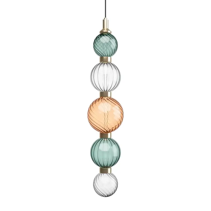Exclusive Sicis Drop suspension lamp crafted with hand-blown seafoam green, amber and clear glass with polished brass-toned metal elements