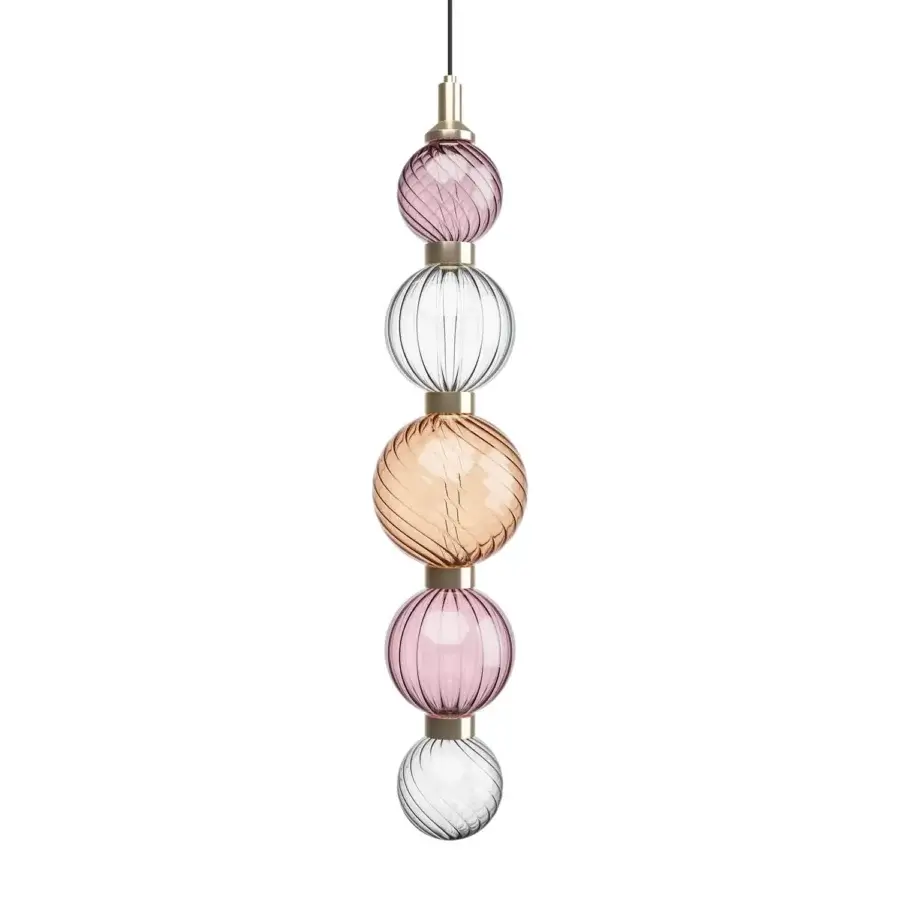 Superior Sicis Drop suspension lamp crafted with hand-blown glass spheres in pink, purple and amber with satin metal sections
