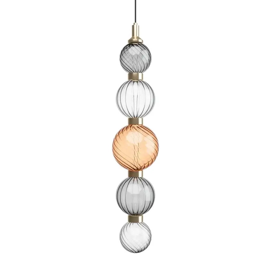 Distinguished Sicis Drop suspension lamp with hand-blown Pyrex glass spheres and satin metal frames in warm amber and gray tones