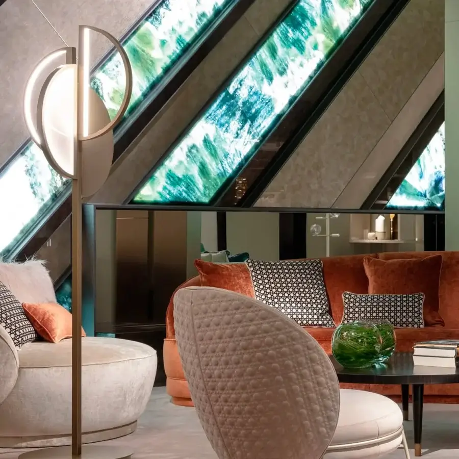 Distinguished Sicis Venus floor lamp with a brass frame and backlit Vetrite glass spheres in champagne gold finish