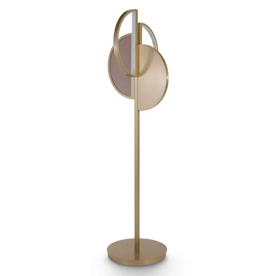 Elegant Sicis Venus floor lamp with a brass frame and luminous backlit Vetrite glass inserts in a warm gold satin finish