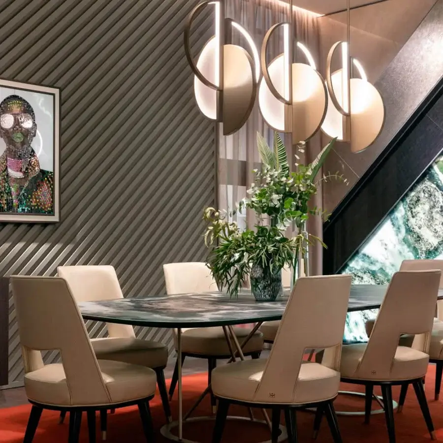 Distinguished Sicis Venus suspension lamp with a brass body and radiant backlit Vetrite glass in light beige with a champagne finish