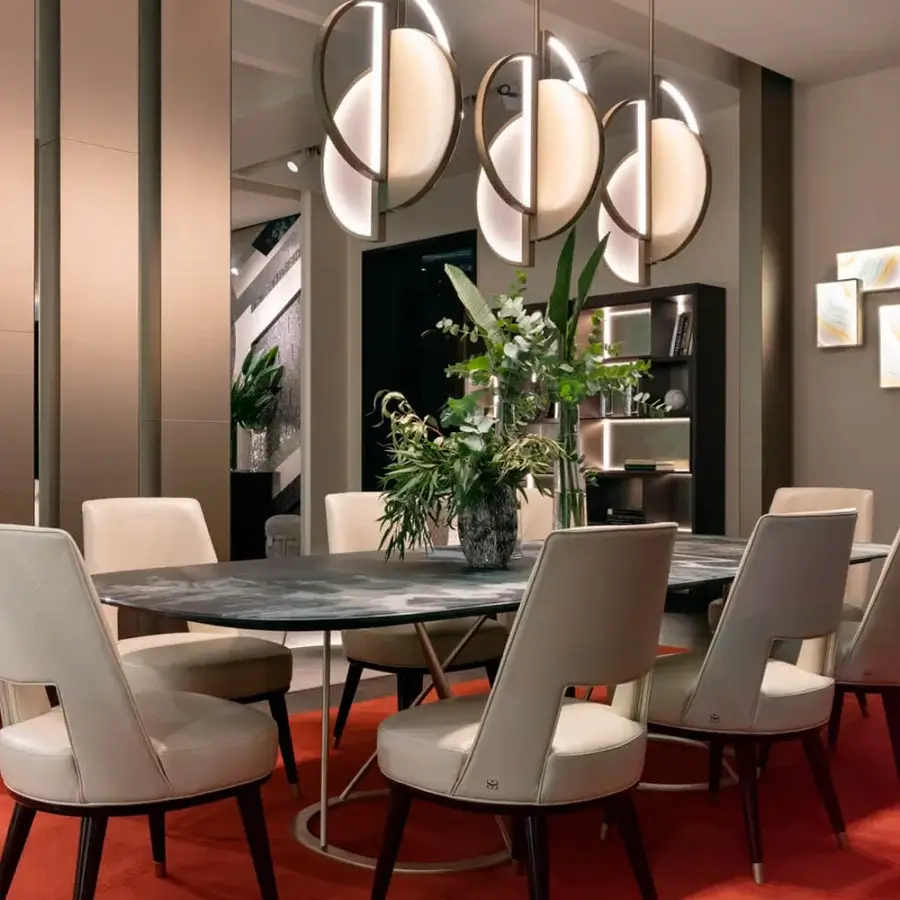 Elegant Sicis Venus suspension lamp with a brass body and semi-spheres in radiant backlit Vetrite glass with a satin finish