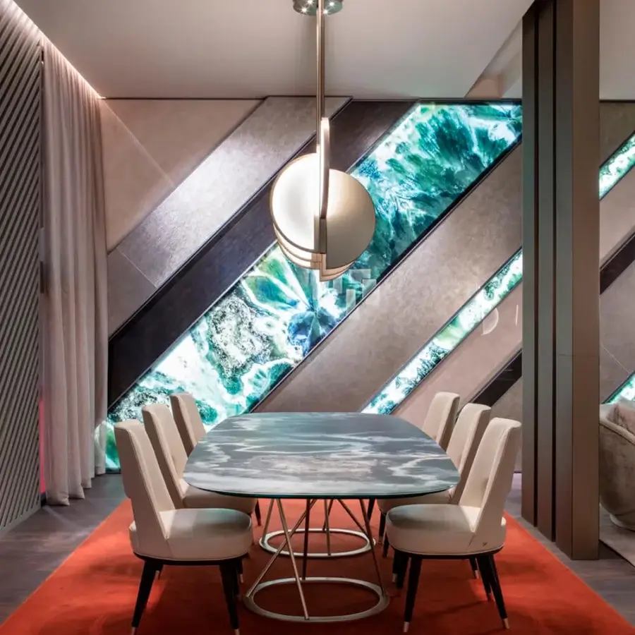 Exceptional Sicis Venus suspension lamp with a brass body and radiant backlit Vetrite glass inserts crafted with polished satin finishes