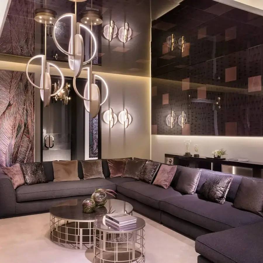 Superior Sicis Venus suspension lamp with a sleek brass body and radiant backlit Vetrite glass inserts crafted in champagne