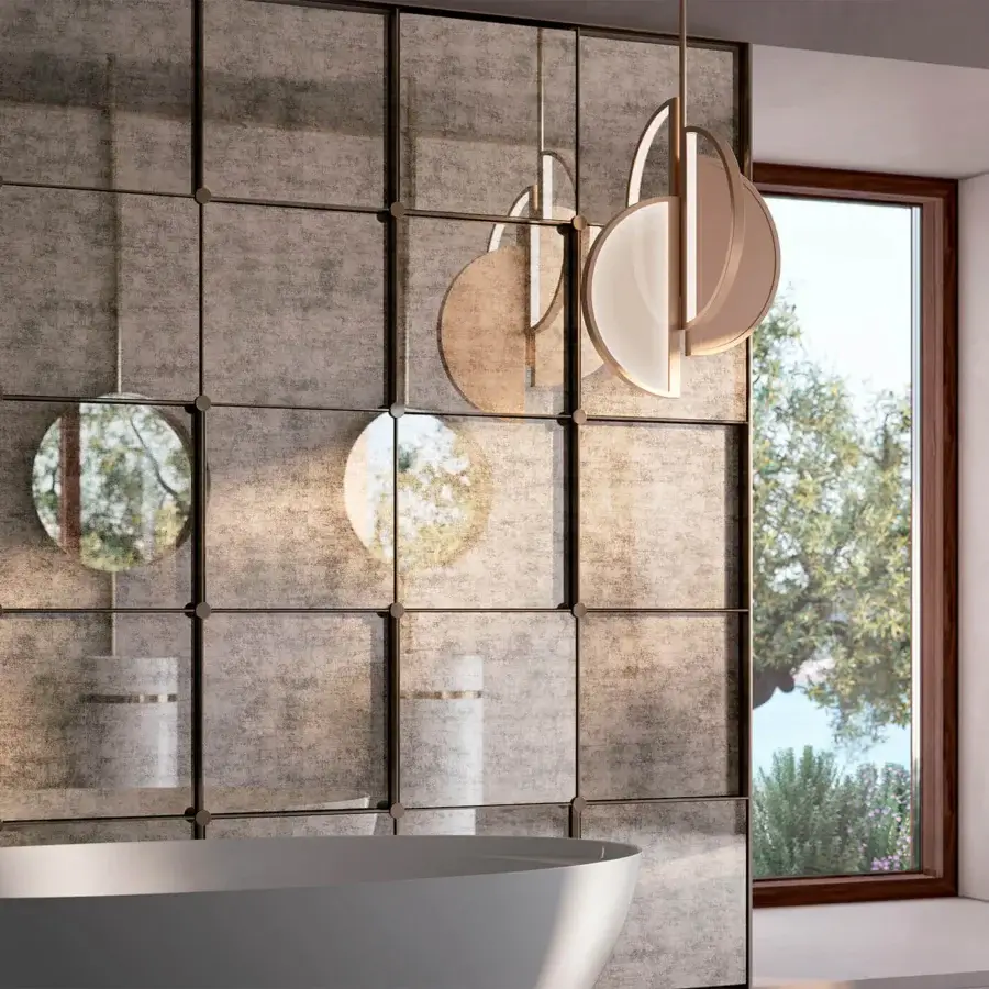 Distinguished Sicis Venus suspension lamp with a brass body and semi-spheres in radiant backlit Vetrite glass with a warm gold satin finish