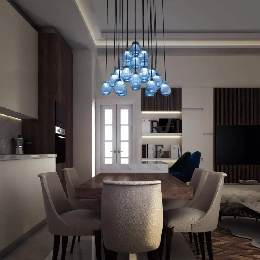 Distinguished Euroluce Gocce suspension lamp crafted in translucent blue hand-blown glass with matte black metal rods supporting multiple bulbs