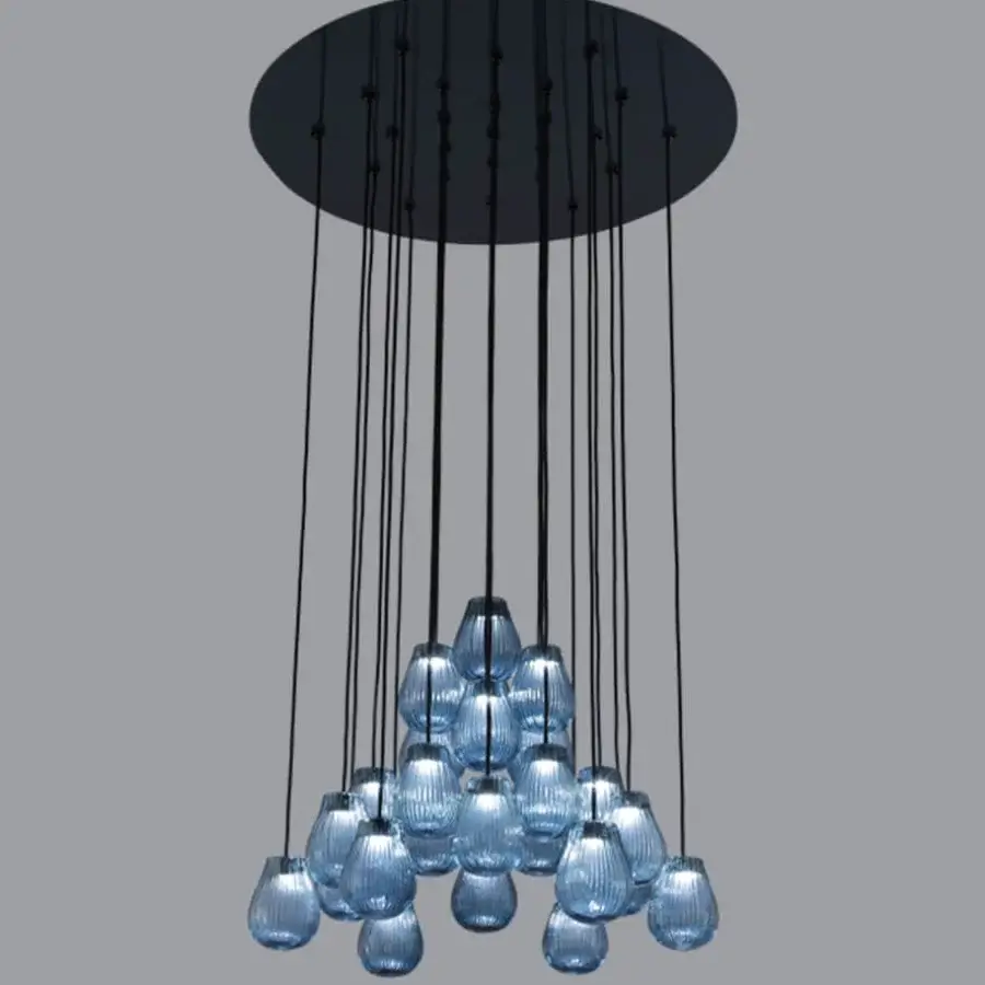 Superior Euroluce Gocce suspension lamp crafted in muted blue ribbed glass with dark matte metal finish