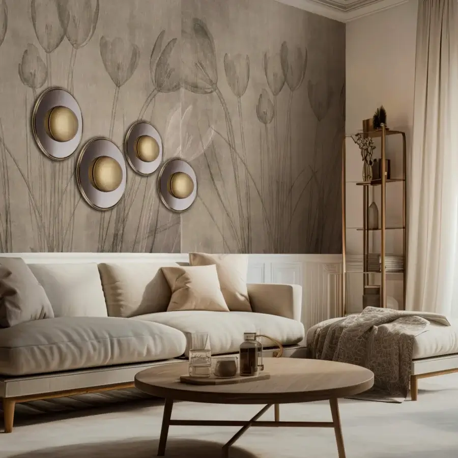 Captivating Euroluce Illusione wall lamp with layered circular design in mirrored chrome and golden tone, boasting a satin and polished finish