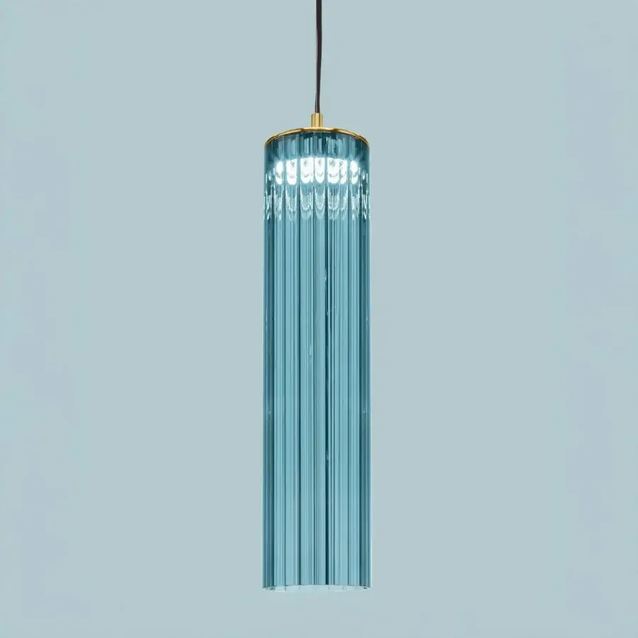 Elegant Euroluce Itala suspension lamp crafted in textured translucent light blue glass with a satin gold finish