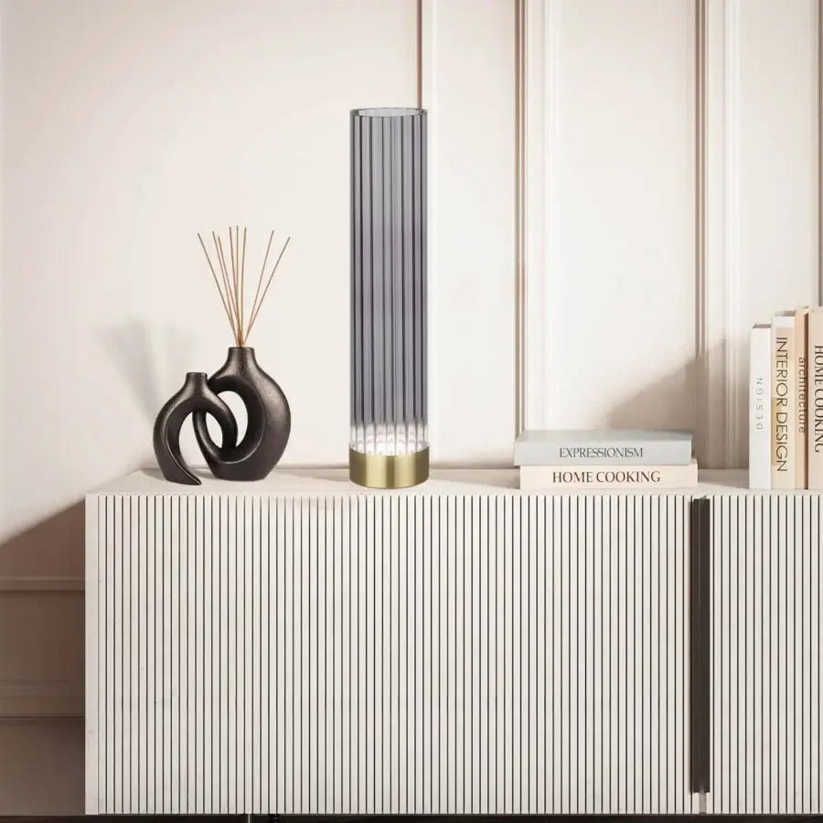 Remarkable Euroluce Itala lamp crafted in textured ribbed glass with a glossy silver-grey metallic element and gradient effect