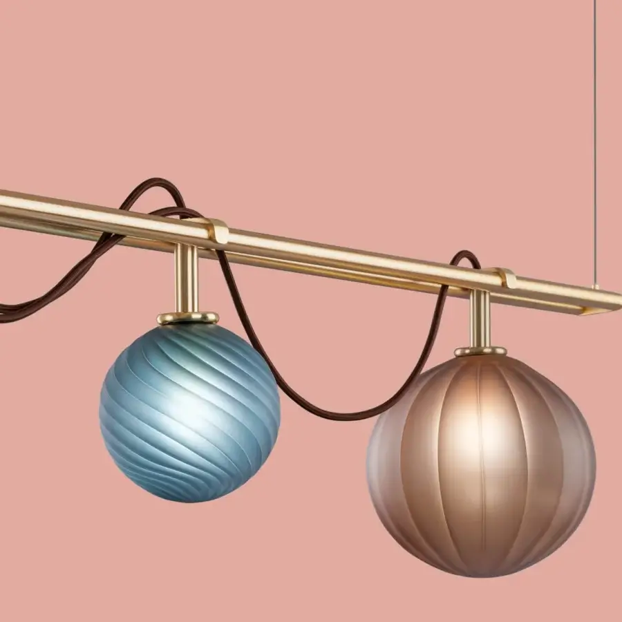 Elegant Euroluce Le Perle suspension lamp with cascading borosilicate spheres and polished golden metal supporting muted blue satin glass shades