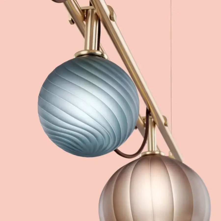 Exclusive Euroluce Le Perle suspension lamp crafted with cascading borosilicate spheres in muted blue-grey and pale gold with ribbed finish