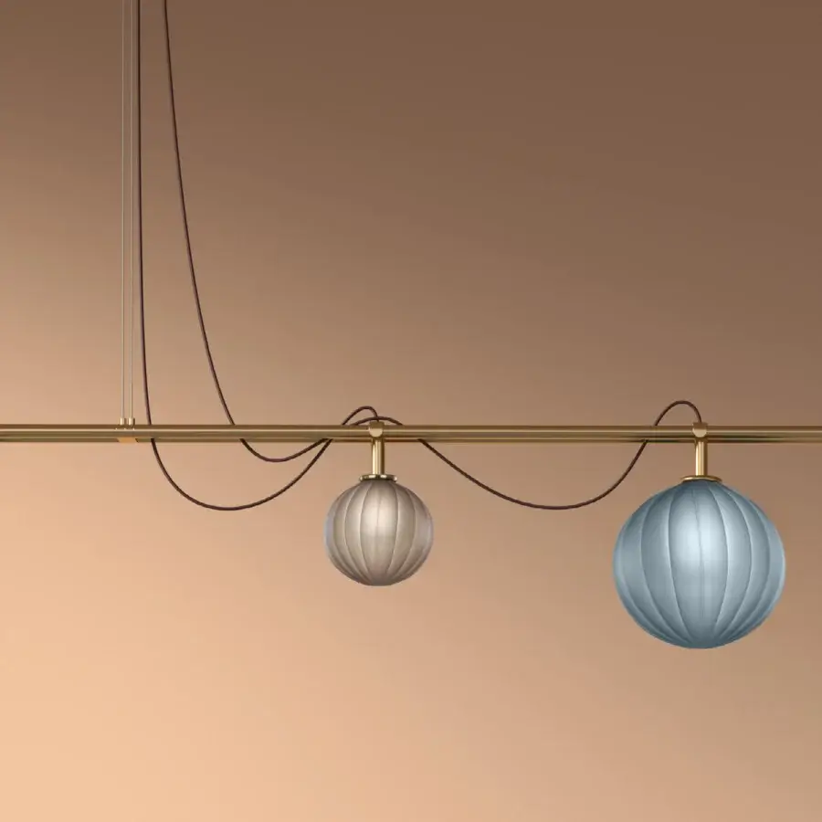 Distinguished Euroluce Le Perle suspension lamp with cascading borosilicate spheres in pale grey-blue, muted rose and deeper blue ribbed glass, satin gold-toned metal