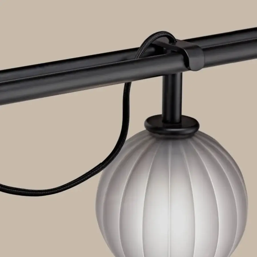 Superior Euroluce Le Perle suspension lamp with cascading borosilicate spheres and matte black metal structure