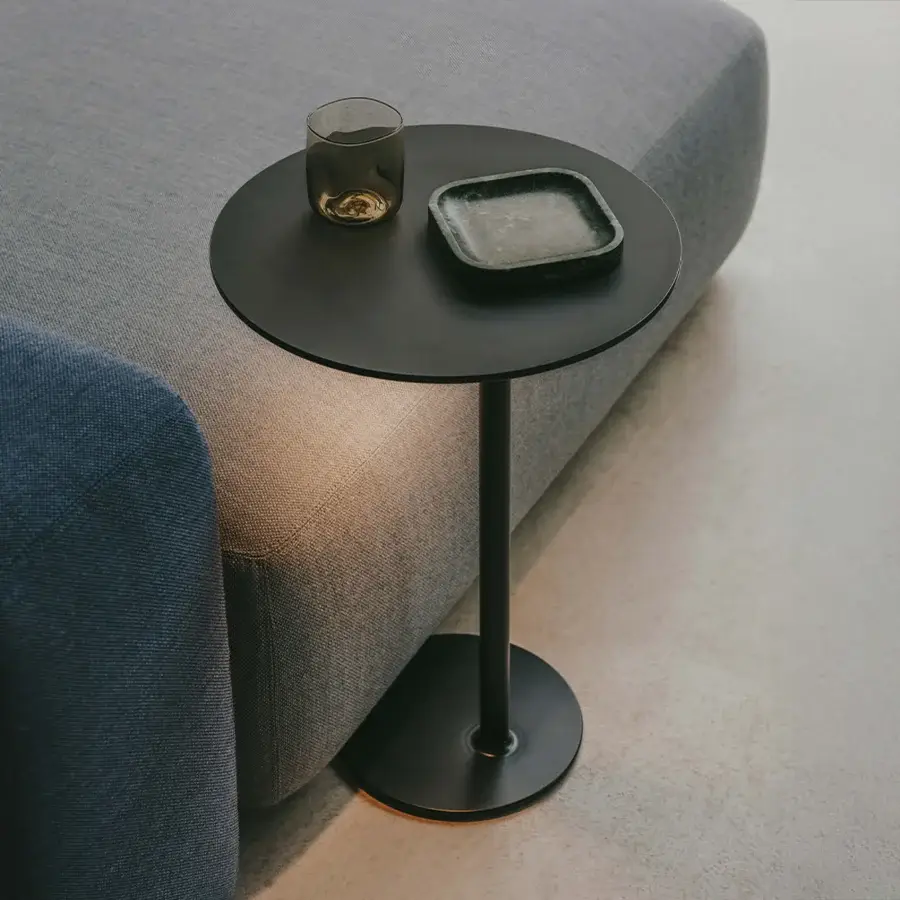 Innovative Lapalma LYT side table with dark gray matte metal and integrated USB-C port plus LED light