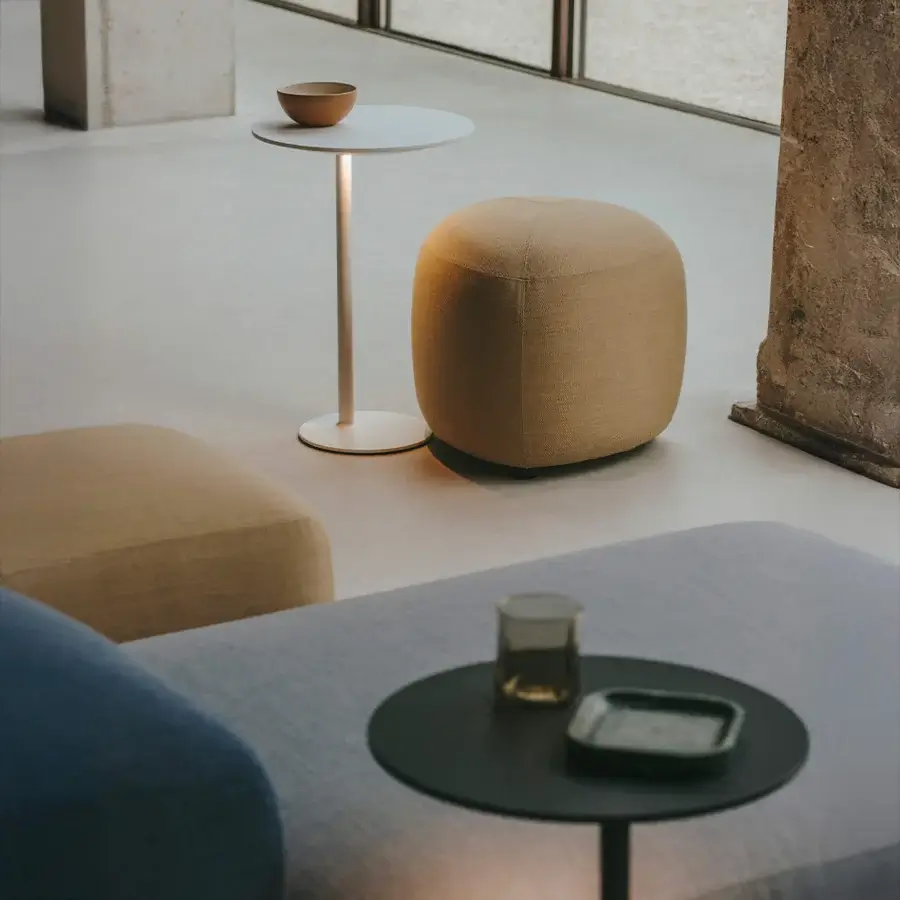 Distinguished Lapalma LYT side table with dark toned tabletop in American walnut, bleached oak or open-pore black and slender white stem