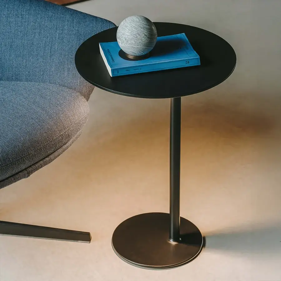 Distinguished Lapalma LYT side table with dark American walnut top and cylindrical base incorporating USB-C charging and LED light