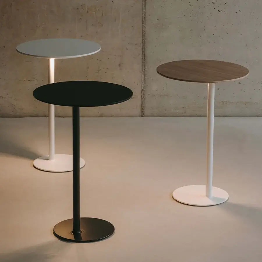 Elegant Lapalma LYT side table with circular American walnut top and sleek white metal base built with a USB-C port