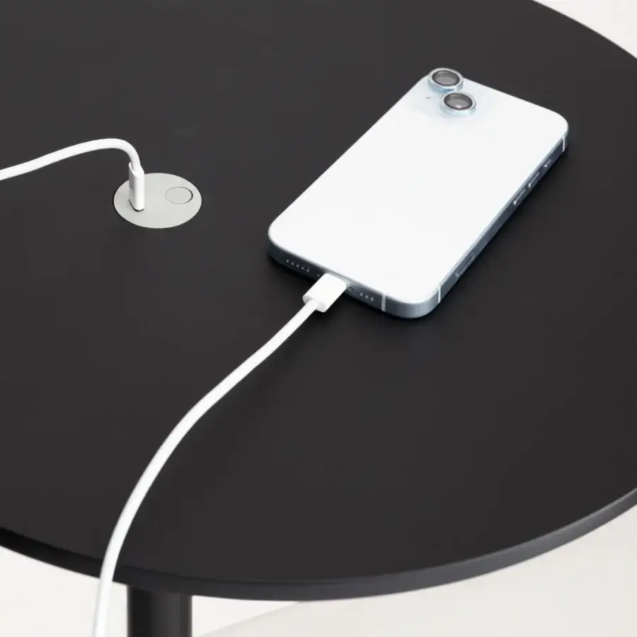 Elegant Lapalma LYT side table with black laminate top and sleek metal base integrating a USB-C port and LED light