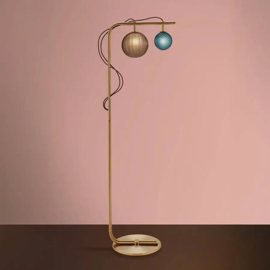 Superior Euroluce Le Perle floor lamp with vertical borosilicate spheres in gold and muted teal blue crafted with a polished metal frame