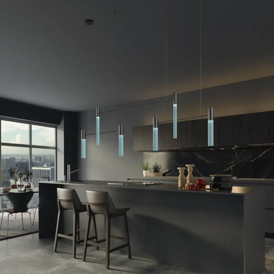 Exceptional Euroluce Linea suspension lamp crafted in satin metal with a dark gray hue and subtle blue glow