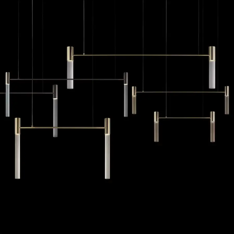 Elegant Euroluce Linea suspension lamp with linear elements in muted gold tone satin finish metal creating a minimalist aesthetic