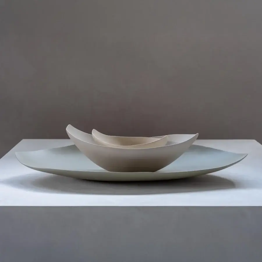 Exclusive Rina Menardi Barchette centerpiece crafted from baked clay with a matte finish in a pale beige tone