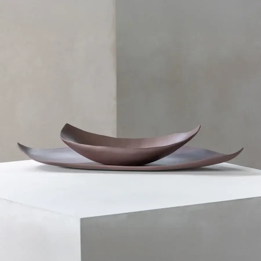 Exclusive Rina Menardi Barchette centerpiece crafted in baked clay with graduated brownish-purple hues and smooth matte finish