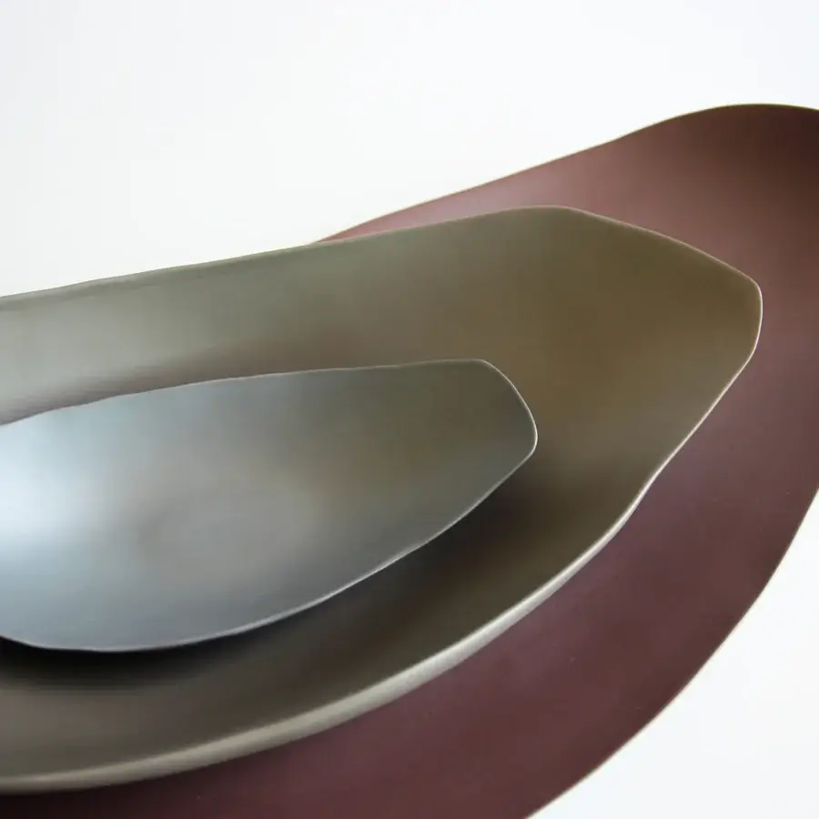 Exclusive Rina Menardi Barchette centerpiece crafted in baked clay with reddish-brown, greyish-olive, and cool grey hues and smooth matte finish