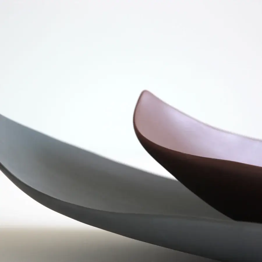 Exceptional Rina Menardi Barchette centerpiece crafted from baked clay in brownish-purple and muted gray-brown with satin finish