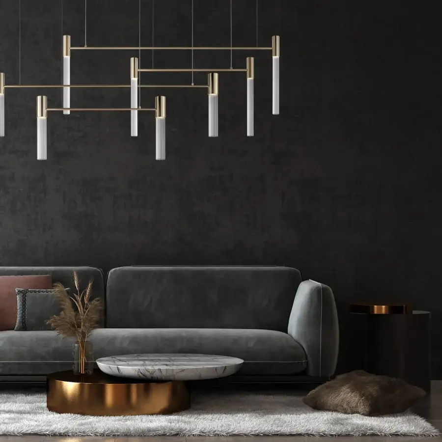 Superior Euroluce Linea suspension lamp with six individual units framed in satin gold-toned metal and dark cords