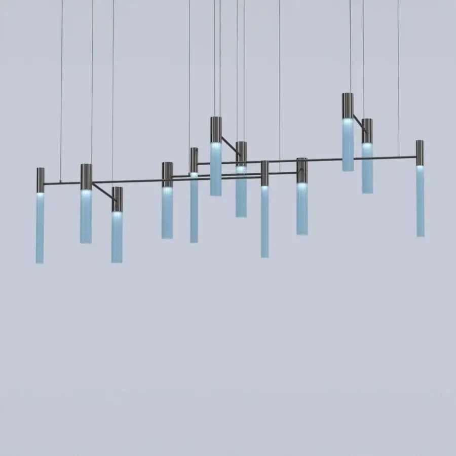 Elegant Euroluce Linea suspension lamp with vertically oriented cylindrical glass elements in muted blue-grey and dark finished metal