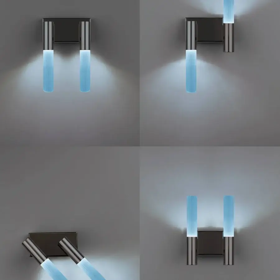 Distinguished Euroluce Linea wall lamp crafted in metal with a satin dark gray backplate and adjustable cylindrical light elements casting a pale blue glow