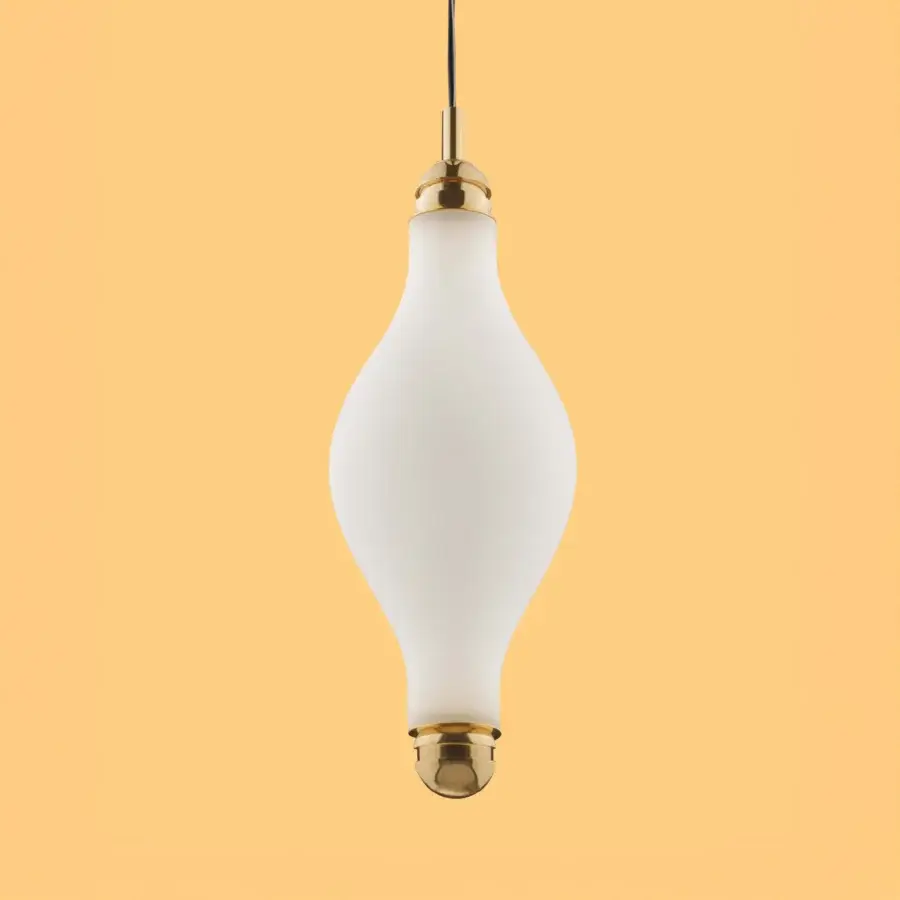Exceptional Euroluce Dewy suspension lamp crafted in opaque white with polished golden metal caps and a smooth matte finish