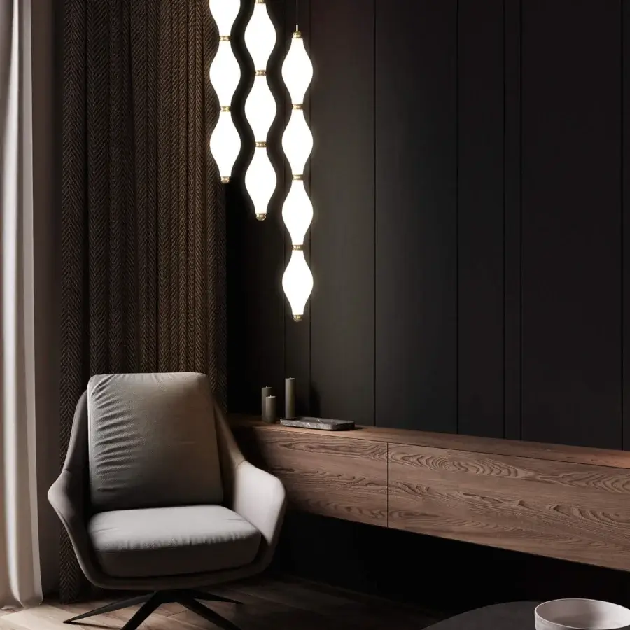 Elegant Euroluce Dewy suspension lamp with curved light textile shades and glossy golden metallic framework