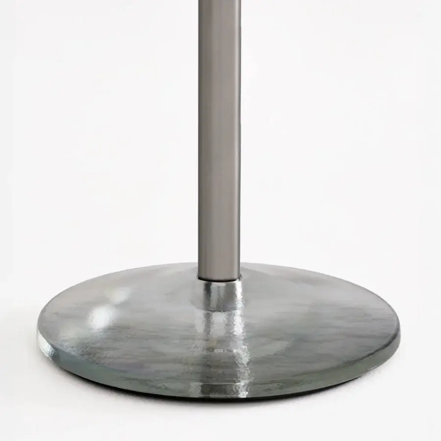Distinguished Glas Italia Contro Peso table with cylindrical mirror-polished stainless-steel and cast crystal base in muted gray tones