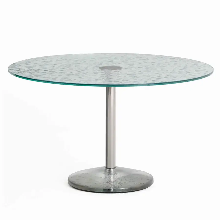 Exceptional Glas Italia Contro Peso table with rippled layered glass surface and mirror-polished stainless-steel support crafted in Italy