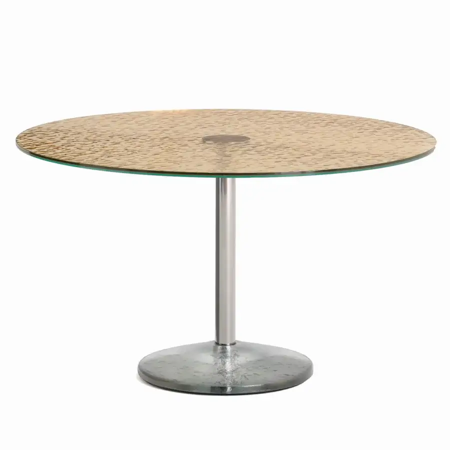 Superior Glas Italia Contro Peso table with golden-brown layered glass and mirror-polished stainless steel with silvered cast crystal base