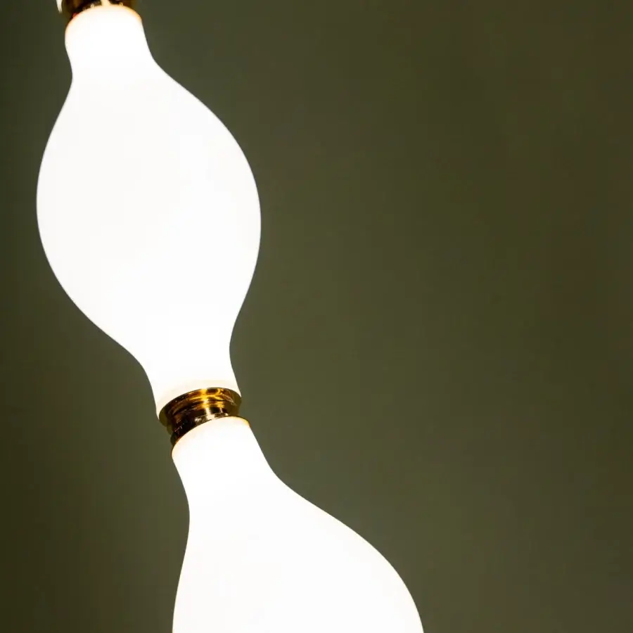 Distinguished Euroluce Dewy suspension lamp crafted in opaque white glass with polished golden metallic fitting for uninterrupted radiance