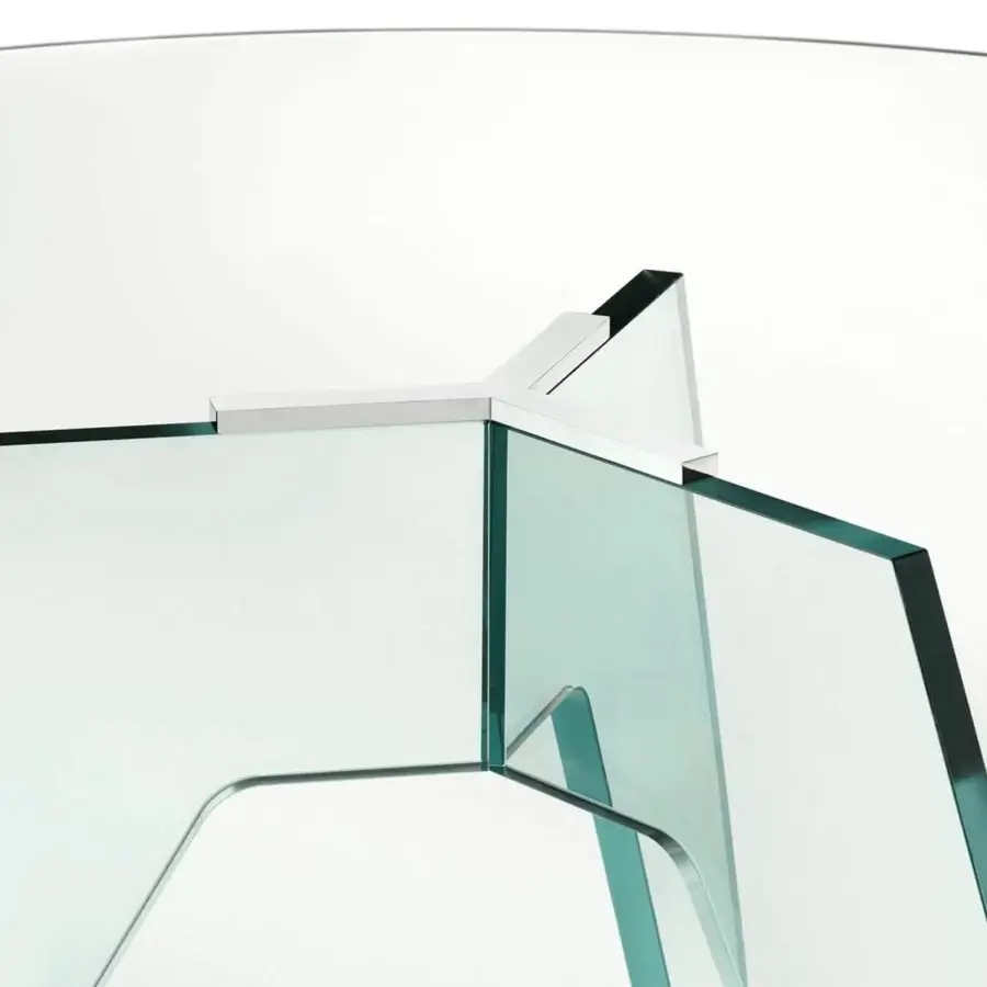 Luxury Glas Italia Crystal table crafted in transparent glass with mirror-polished stainless steel feet and connecting plates