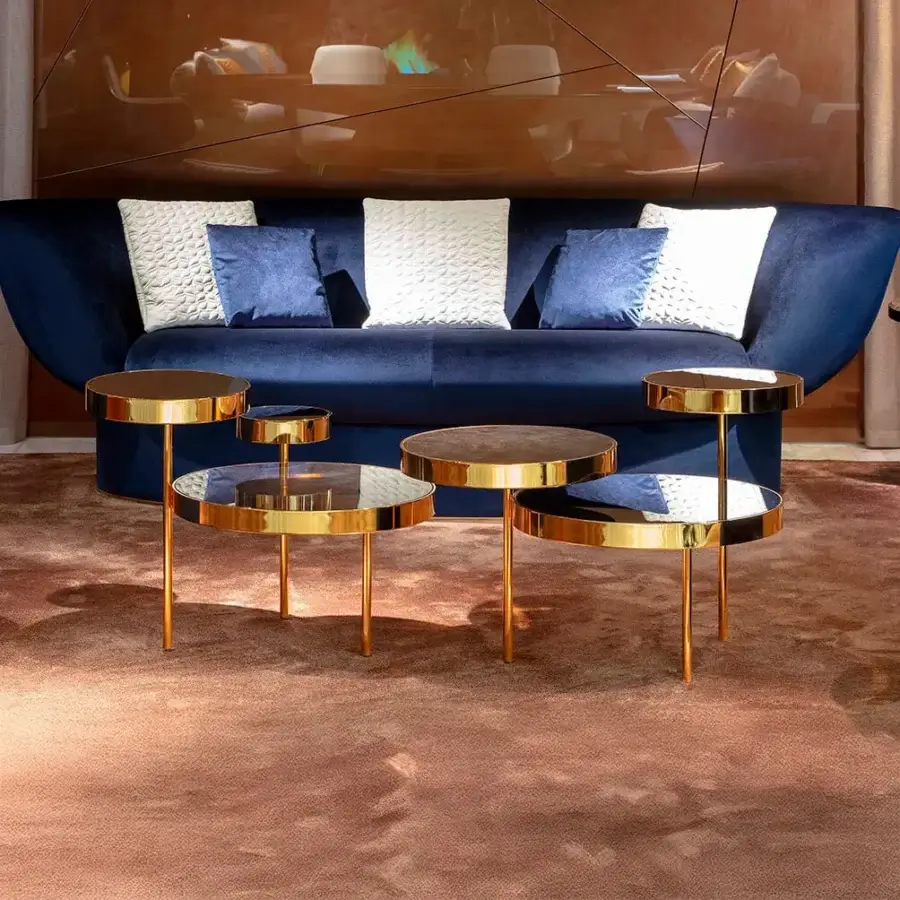 Superior Sicis Orbital coffee table crafted with a smoky mirror top and refined golden metal structure