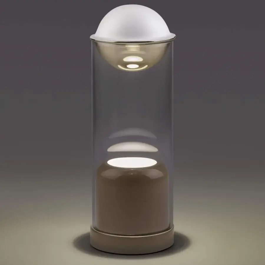 Superior Euroluce Theorem table lamp with satin metal and clear borosilicate glass, internally illuminated with beige tones and reflective discs