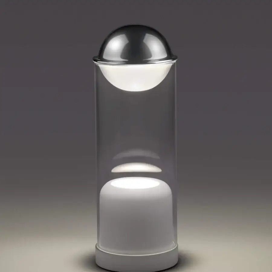 Distinguished Euroluce Theorem table lamp with a two-tone borosilicate sphere and silver-grey metal base in a glossy finish