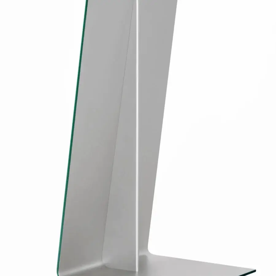 Distinguished Glas Italia I mirror crafted from curved extra-clear glass with a light metallic gray frame and silver-grey lacquer finish