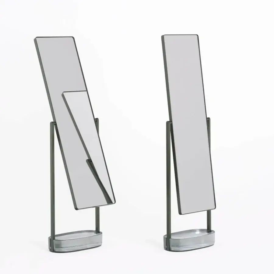 Superior Glas Italia Contro Peso mirror with a sleek matte RAL 6006 painted steel frame and weighted cast glass base with silvering