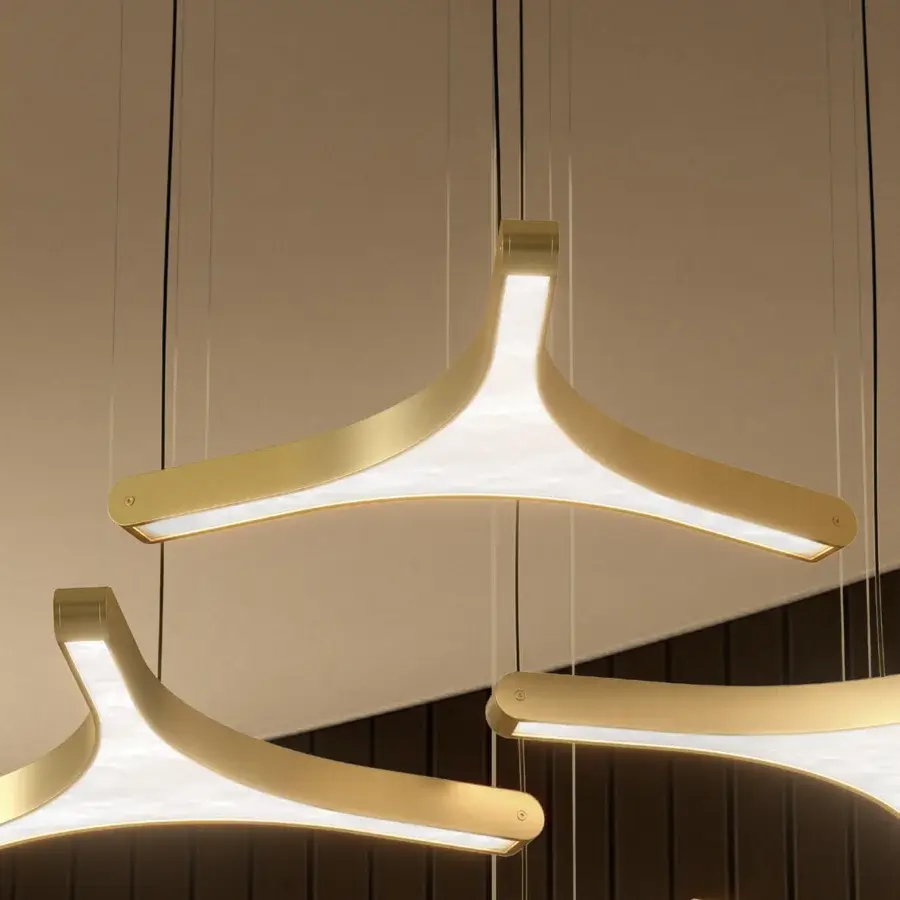 Distinctive Euroluce Pegaso suspension lamp crafted in metal with a radiant satin gold finish