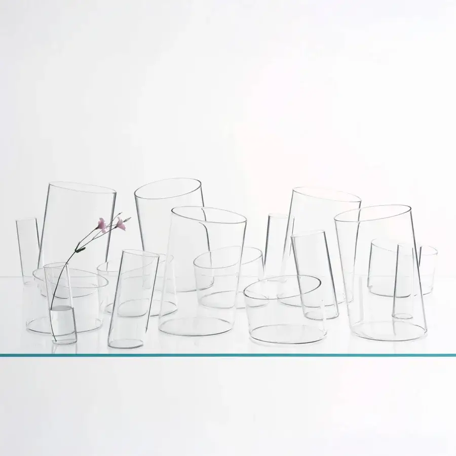 Elegant Glas Italia Bow vase crafted in transparent borosilicate glass with a dynamic inclined silhouette